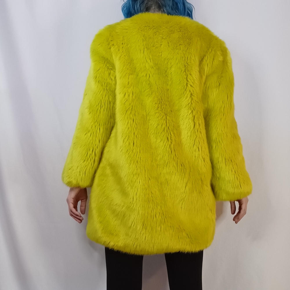 Chartreuse Faux Fur Coat with Teal Satin Lining. - Picture 6 of 8